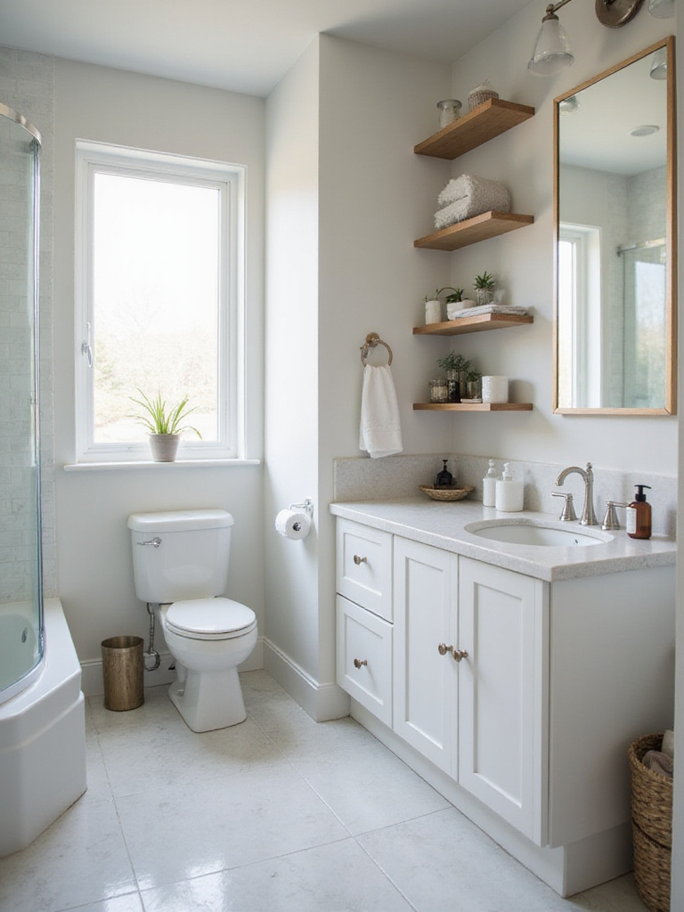 A clean, minimalist small bathroom with clear counter space and organized storage, demonstrating the visual impact of ruthless decluttering for a spacious feel.