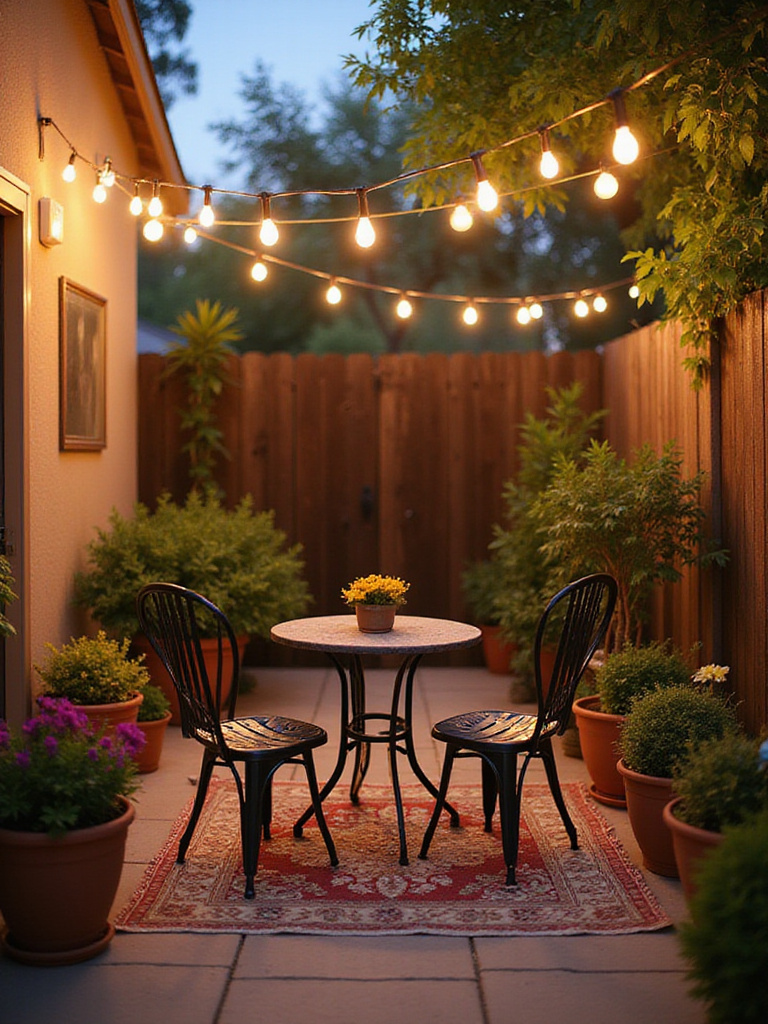 Cozy backyard patio with wrought iron bistro set, string lights, and potted plants