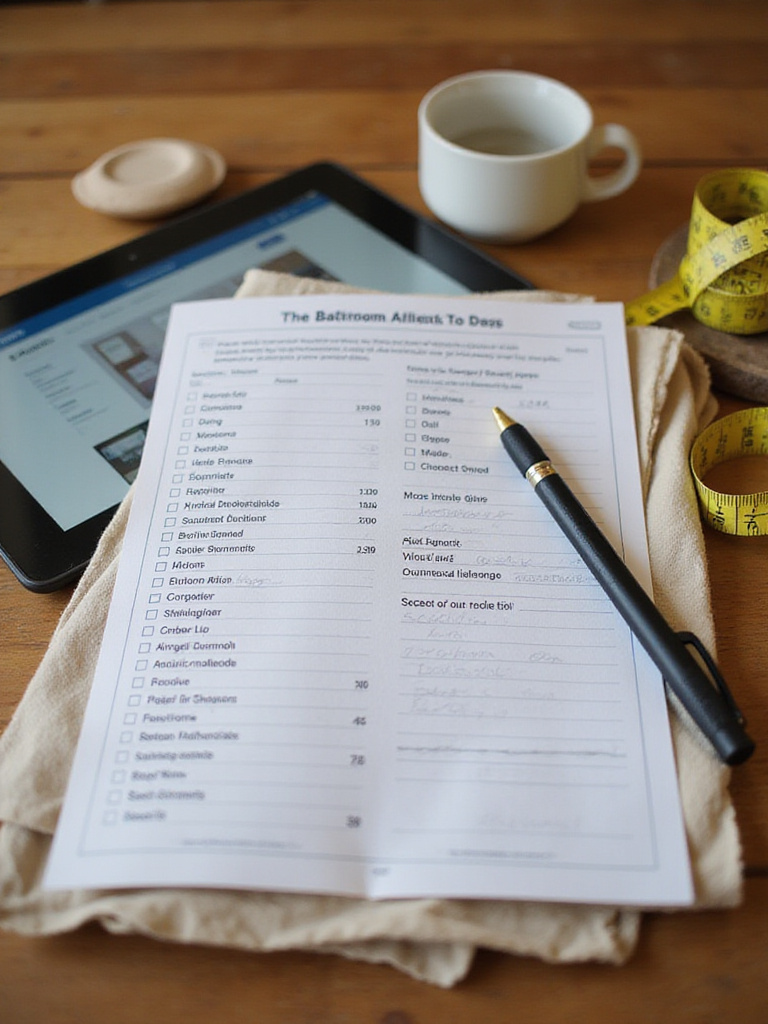 Bathroom remodel shopping list and price comparison on tablet for budget-friendly renovation.