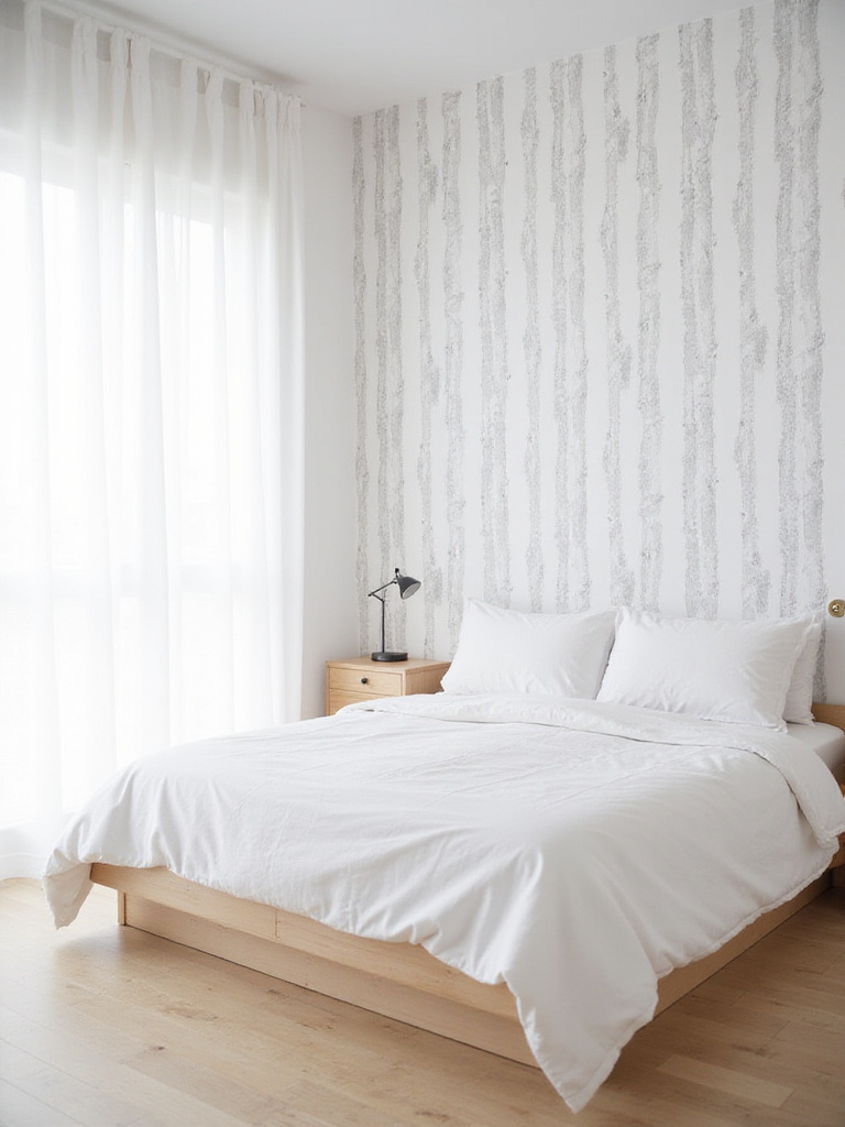 Scandinavian bedroom with minimalist birch tree wallpaper