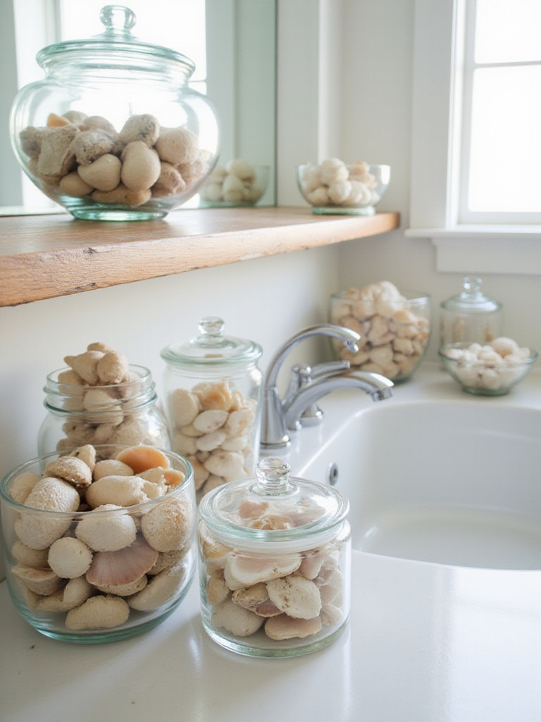 Seashells displayed in glass jars and bowls in a bright, coastal-style bathroom.