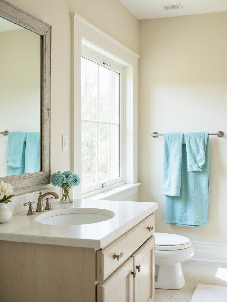 Beach bathroom with sandy beige walls and light aqua blue accents.