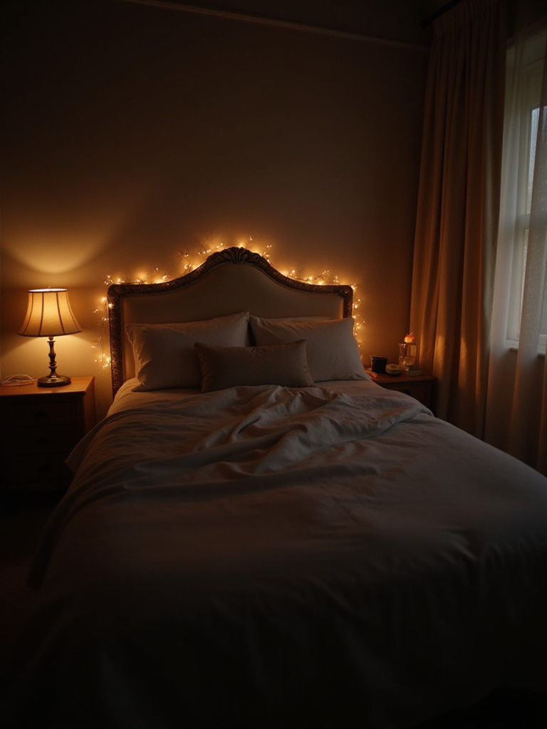 Romantic bedroom with soft, dimmable lighting creating a warm and inviting atmosphere