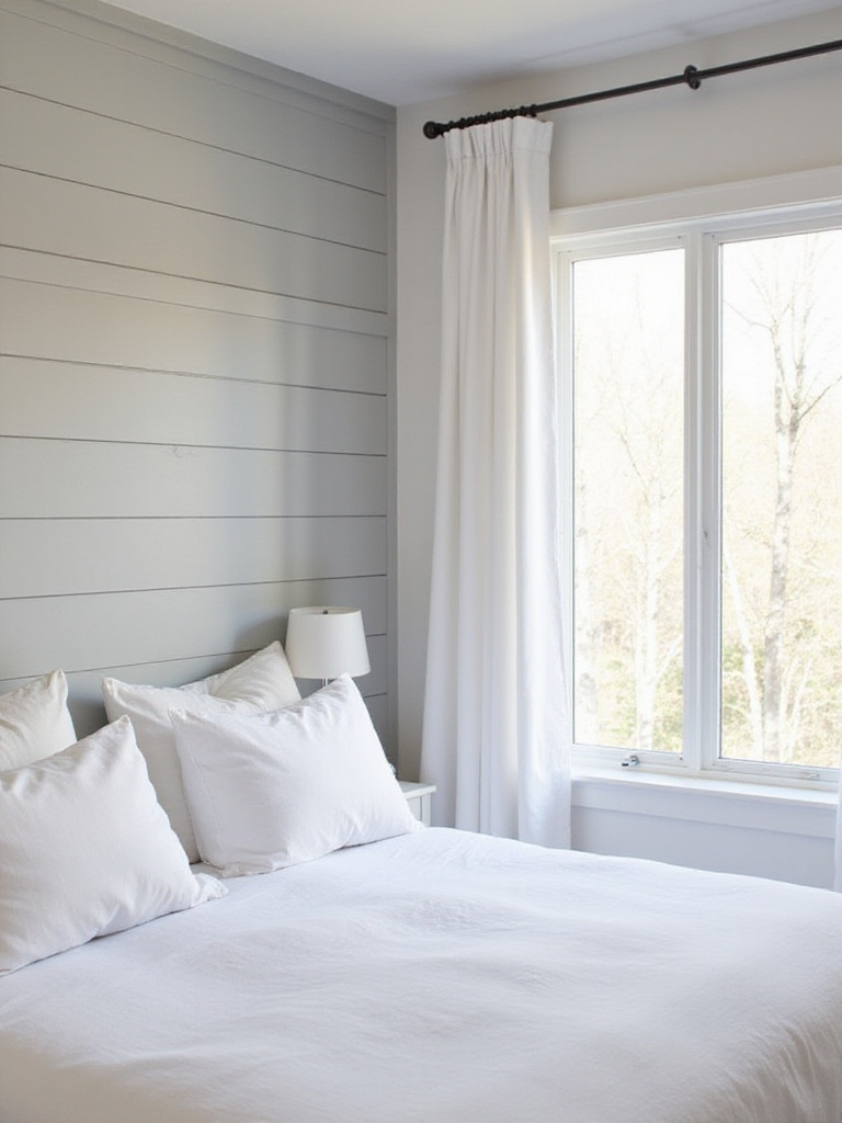 Bedroom with light gray shiplap accent wall behind the bed