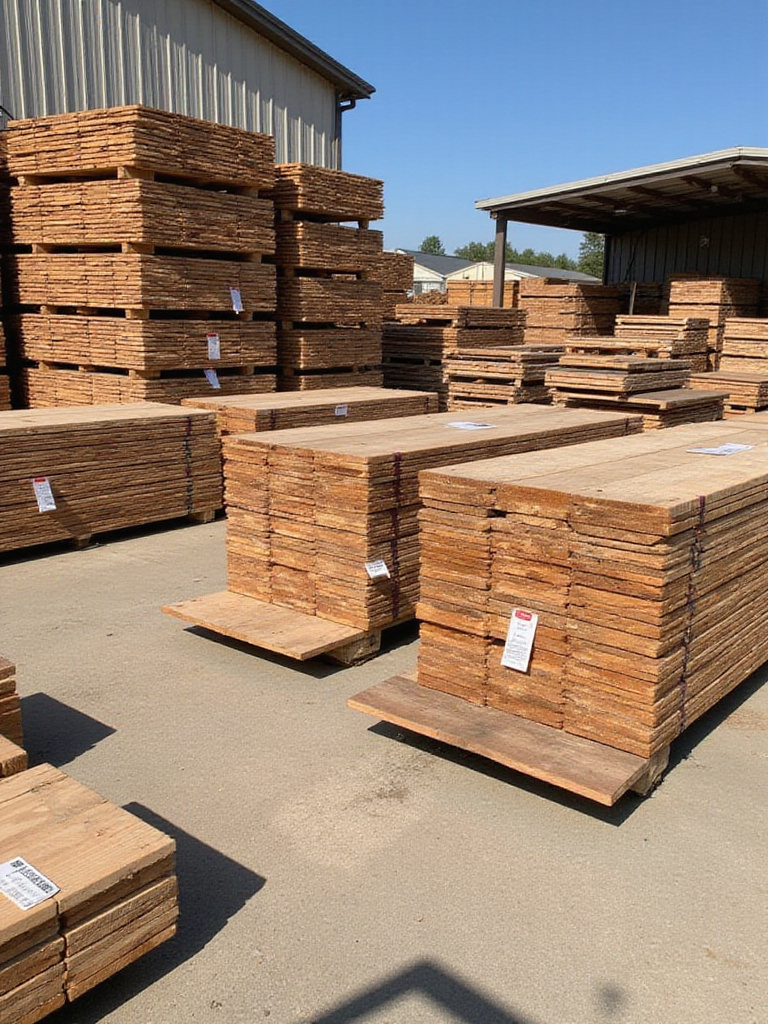 Stacks of discounted lumber and decking boards in a sunlit outdoor lumber yard clearance section, illustrating how to find budget deck building materials.