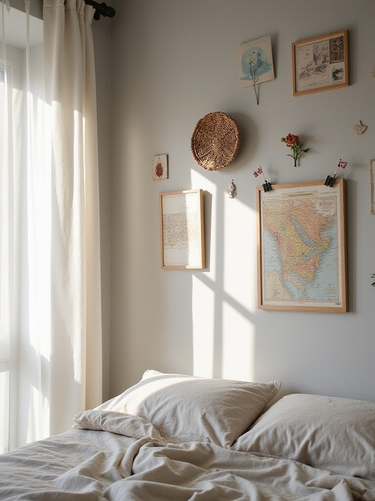 Bedroom wall decorated with framed travel souvenirs, including postcards, a rug, and a map.