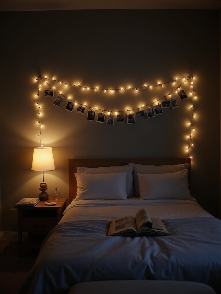 Romantic bedroom decor featuring a photo garland with string lights and a photo album on a nightstand.