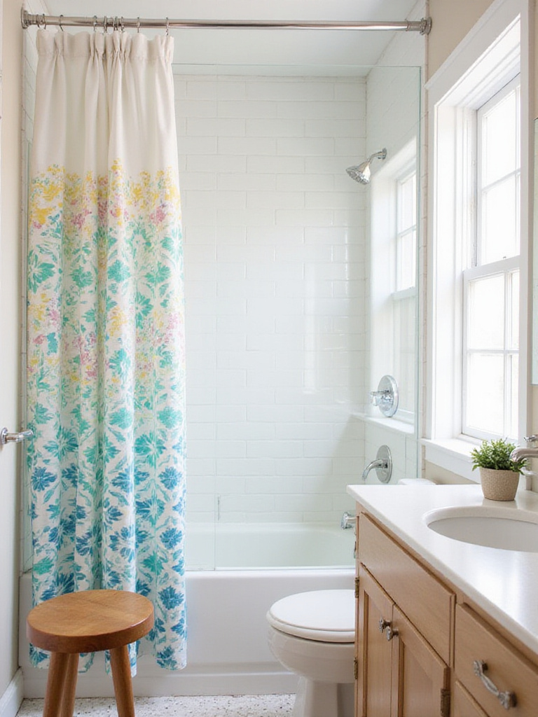 Modern bathroom with a vibrant geometric shower curtain