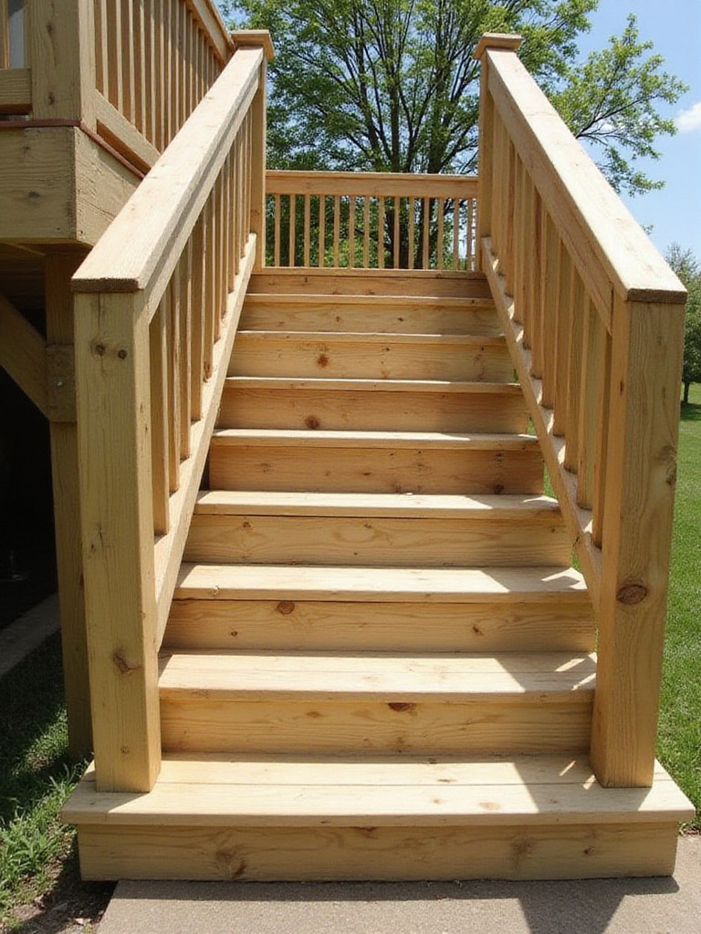 Simple wooden deck stairs built from pressure-treated lumber connecting a deck to the ground, illustrating a budget-friendly design.