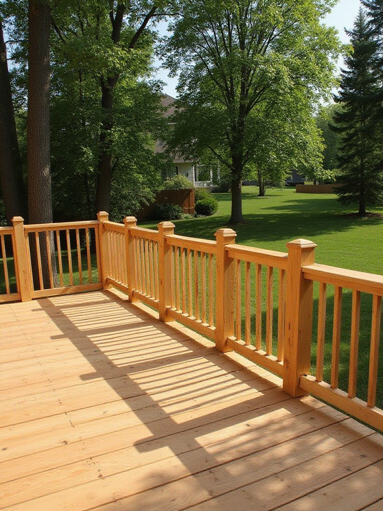 Classic simple wood railing on a backyard deck, featuring vertical wooden balusters and posts. An affordable and timeless design for outdoor spaces.