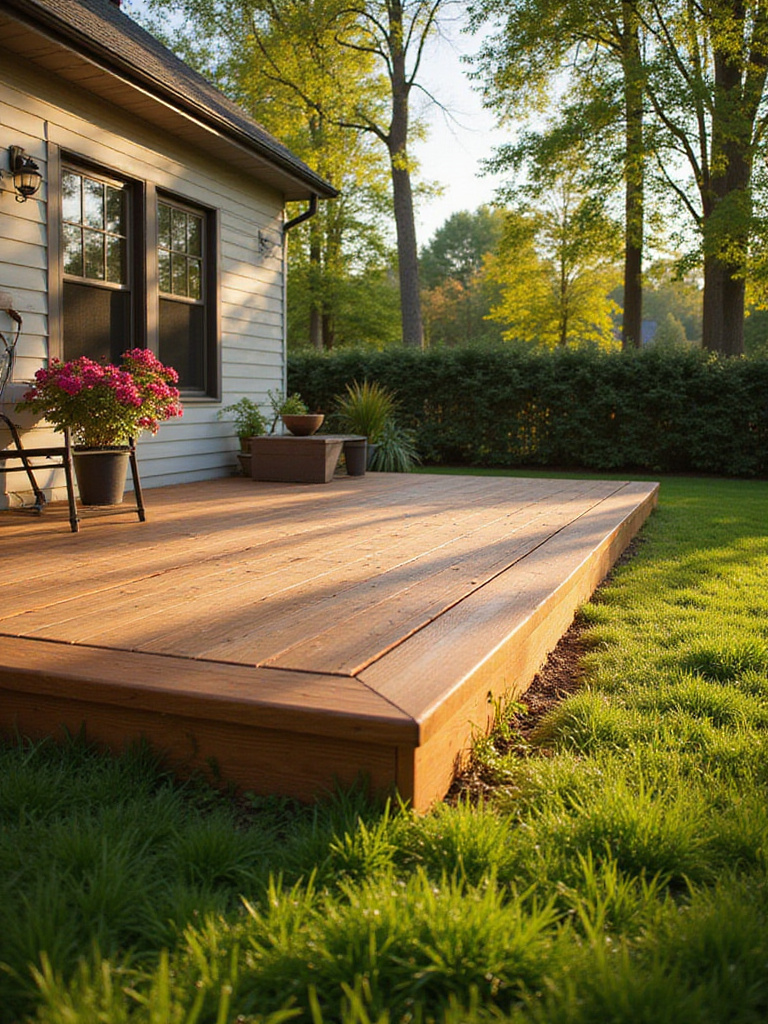 Low wooden deck built close to the ground in a backyard without a railing, demonstrating a cost-saving budget deck idea.