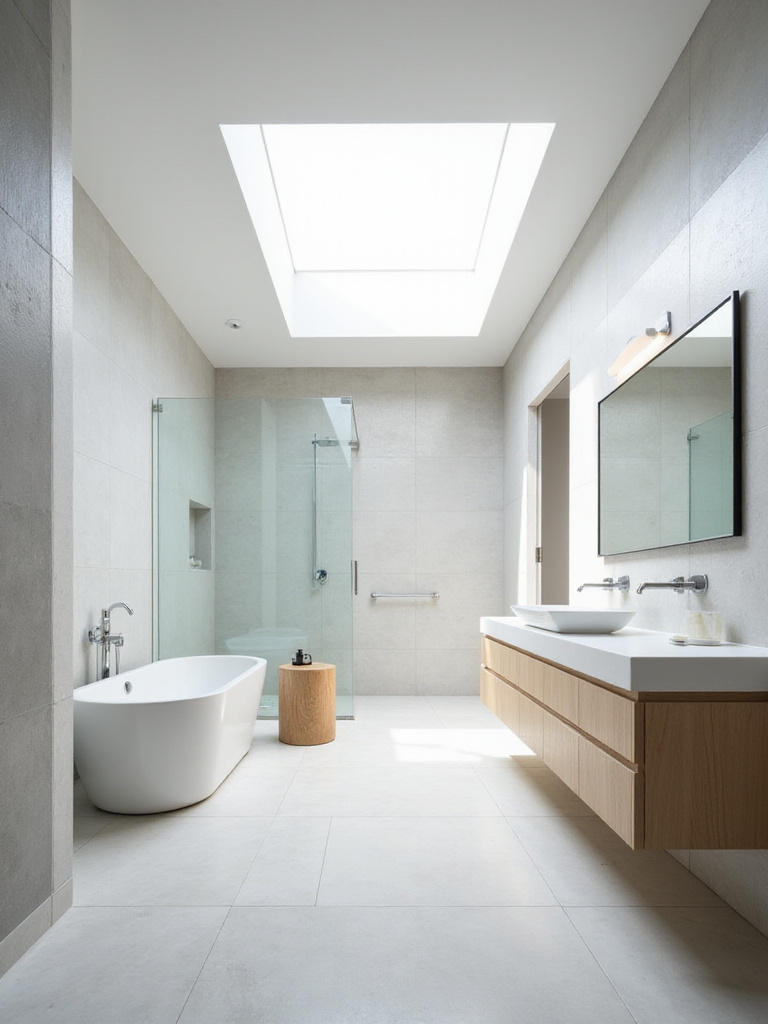Modern bathroom design featuring a large skylight providing abundant natural light, creating a bright and airy ambiance.