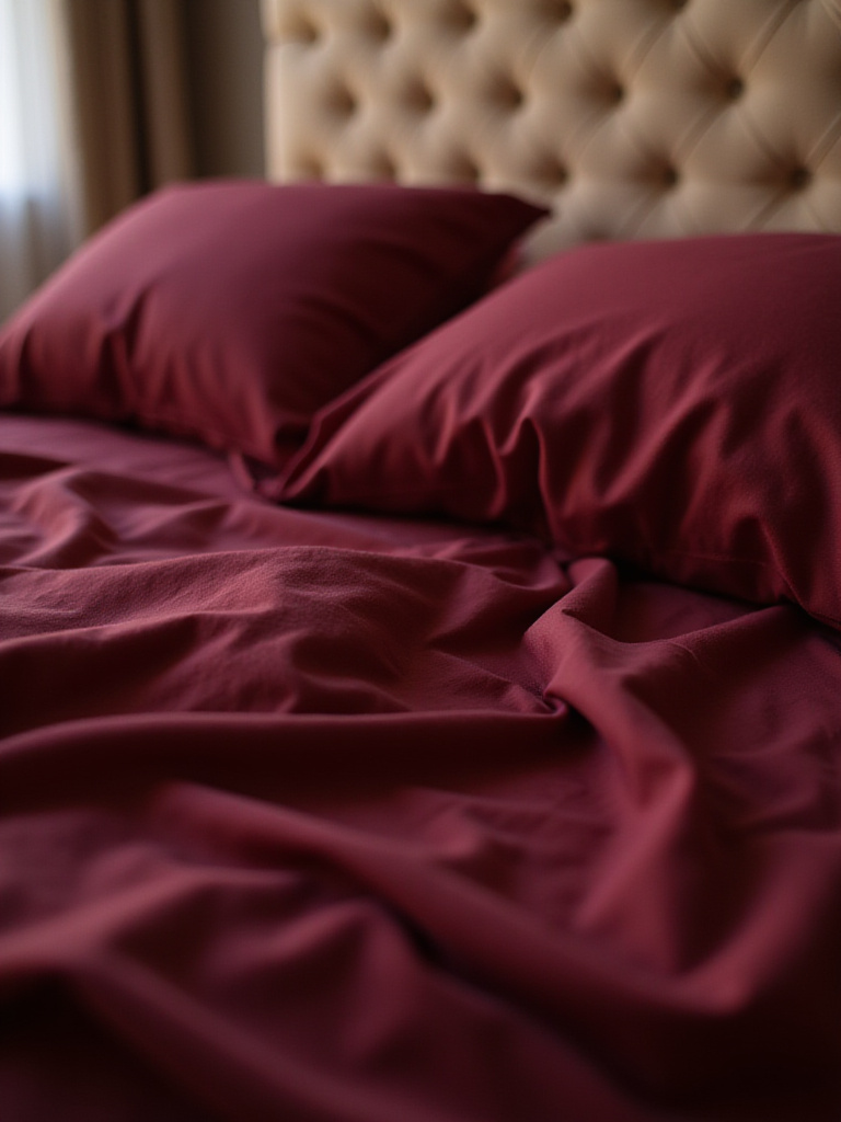 Luxurious burgundy silky soft sheets on a comfortable bed