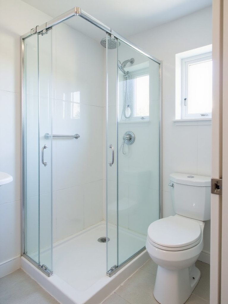 Modern small bathroom with a clear glass frameless sliding shower door, illustrating how it saves space compared to a swinging door.