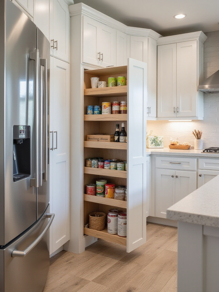 Slim pantry pull-out cabinet filled with spices and canned goods in a modern kitchen.