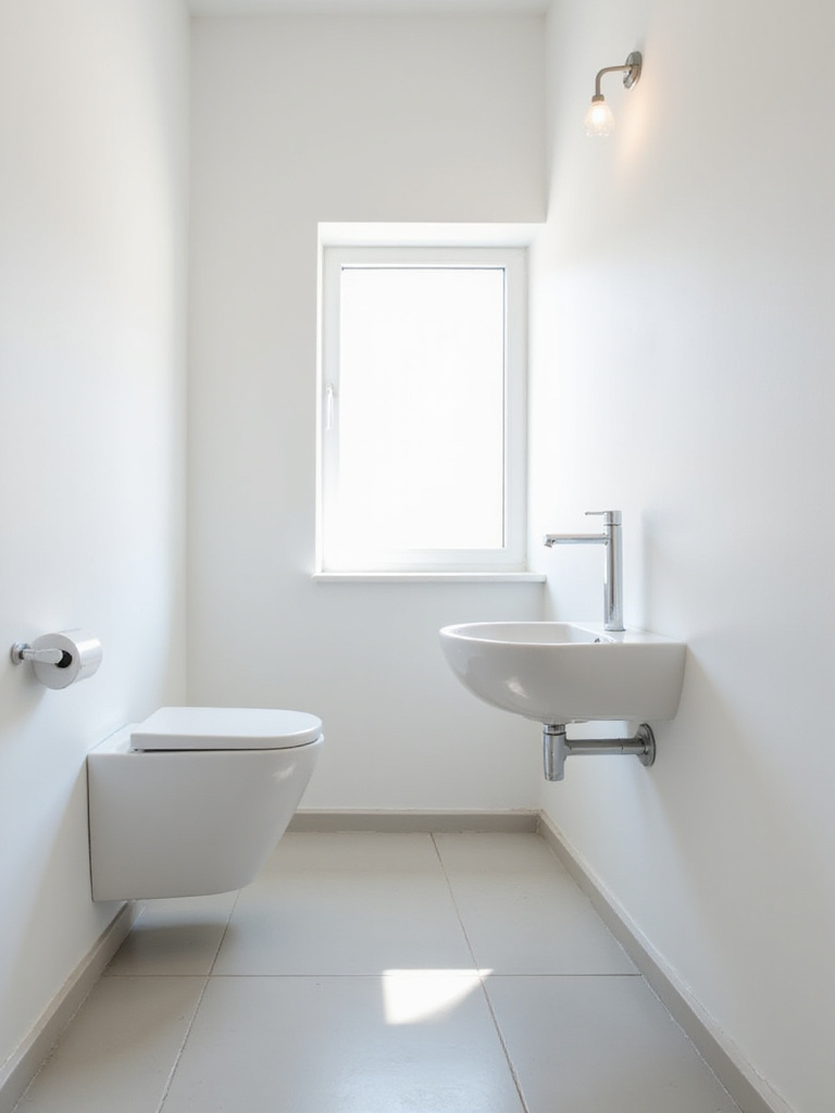 A modern small bathroom featuring a wall-hung toilet and a small wall-mounted sink, demonstrating how compact fixtures maximize space and create a clean, open feel.