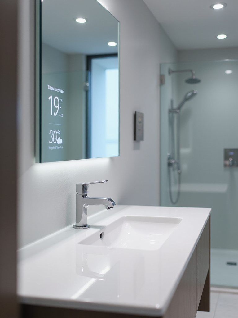 Modern bathroom featuring smart mirror and touchless faucet.