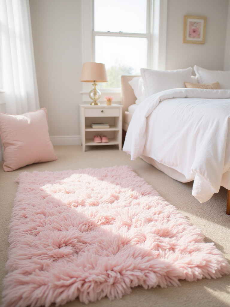 Pastel pink shag rug in a girl's bedroom