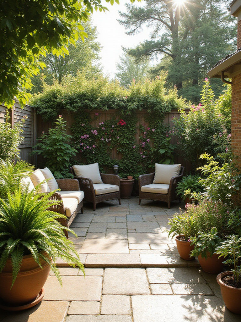 Backyard patio featuring lush potted plants and a vibrant vertical garden.