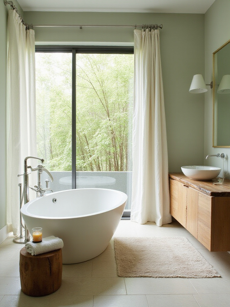 Luxurious modern spa bathroom with soaking tub and bamboo garden view.