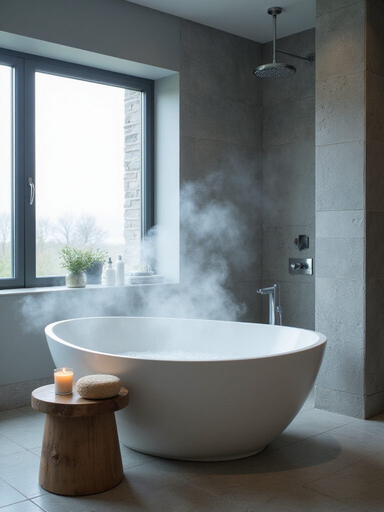 Modern spa-like bathroom with soaking tub, rainfall shower, and calming color palette