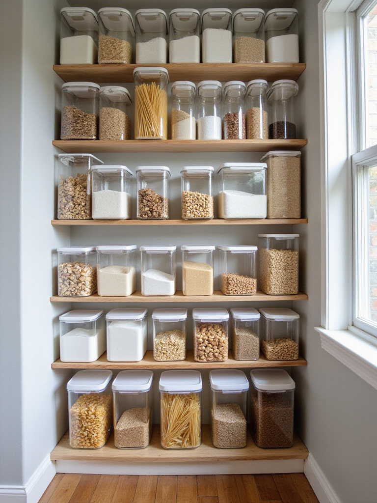 Organized pantry with clear stackable containers holding dry goods.