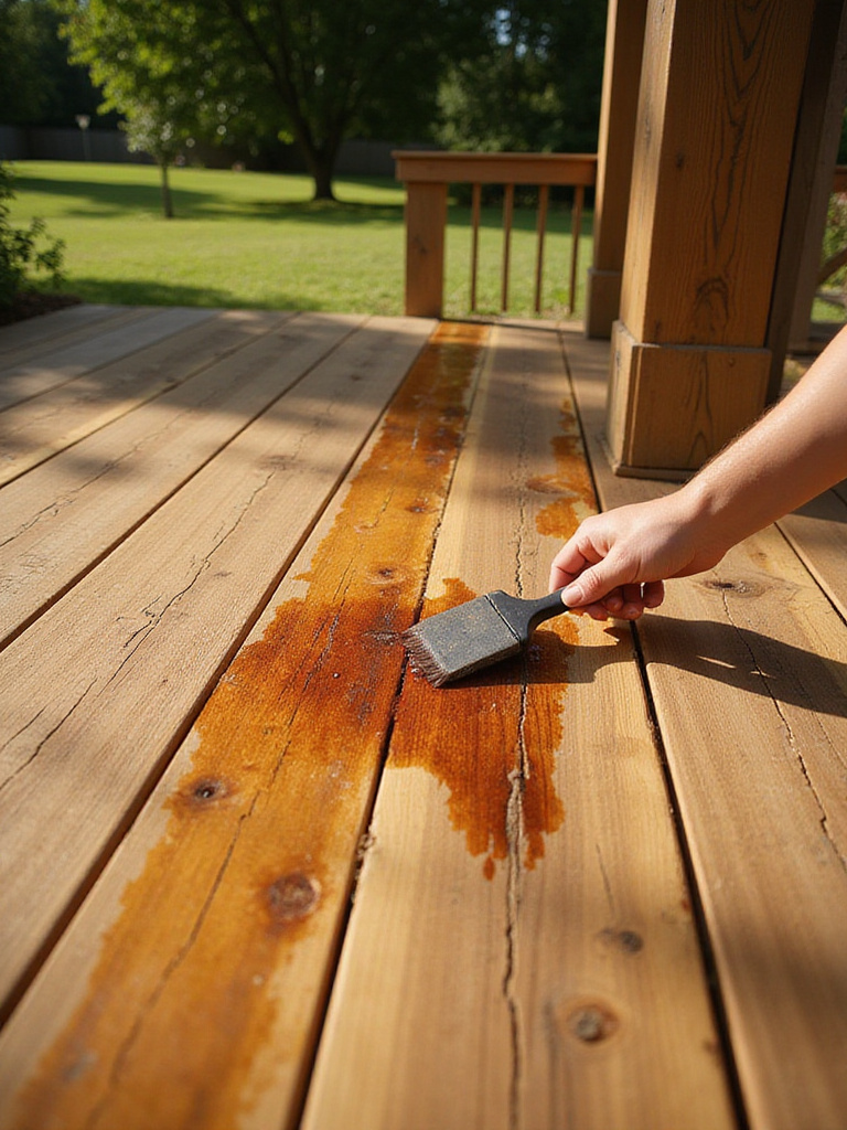 View of a wooden deck being stained or sealed, showing the application process and the contrast between finished and unfinished sections.