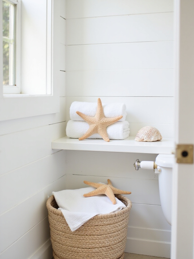 Beach bathroom decor featuring starfish and natural elements