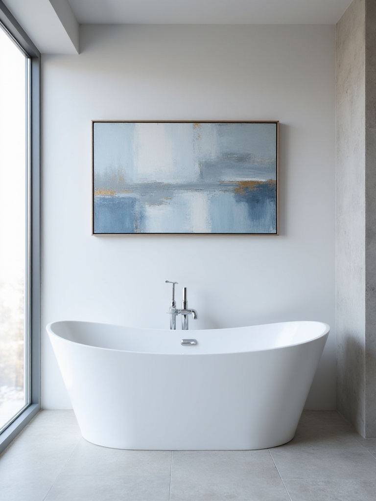 Modern bathroom with a statement abstract painting above a freestanding bathtub.