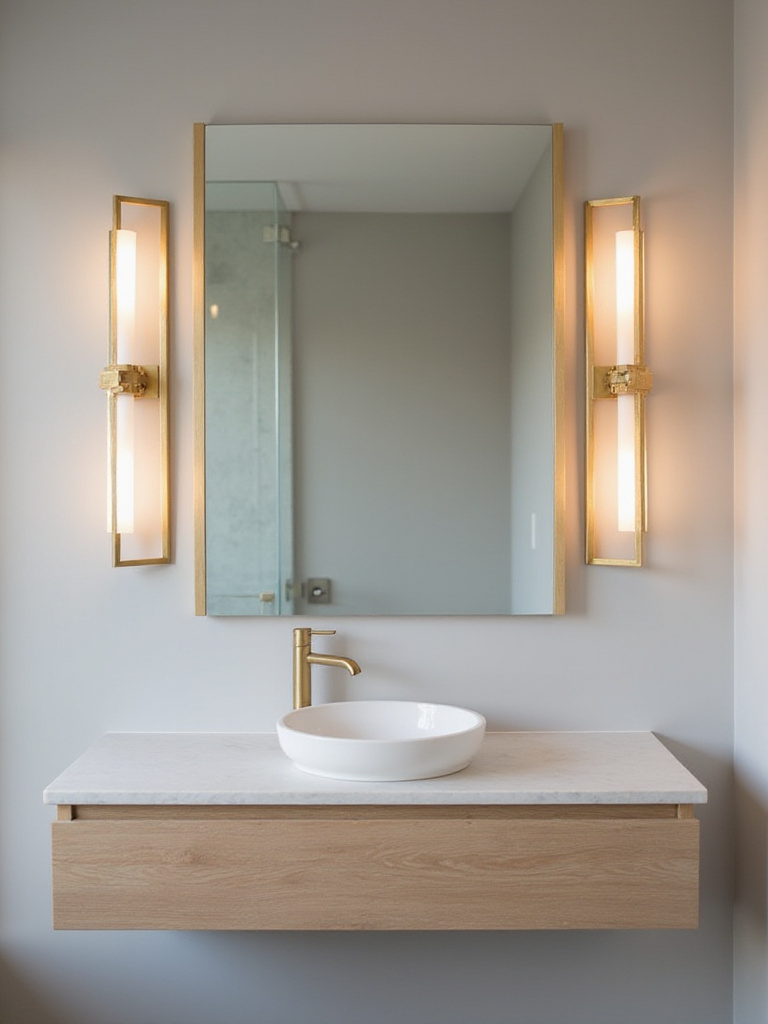 Modern bathroom with geometric gold sconces flanking a mirror