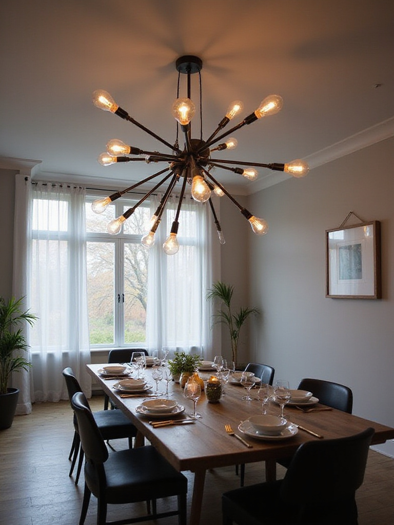 Modern dining room with statement chandelier illuminating a dinner party