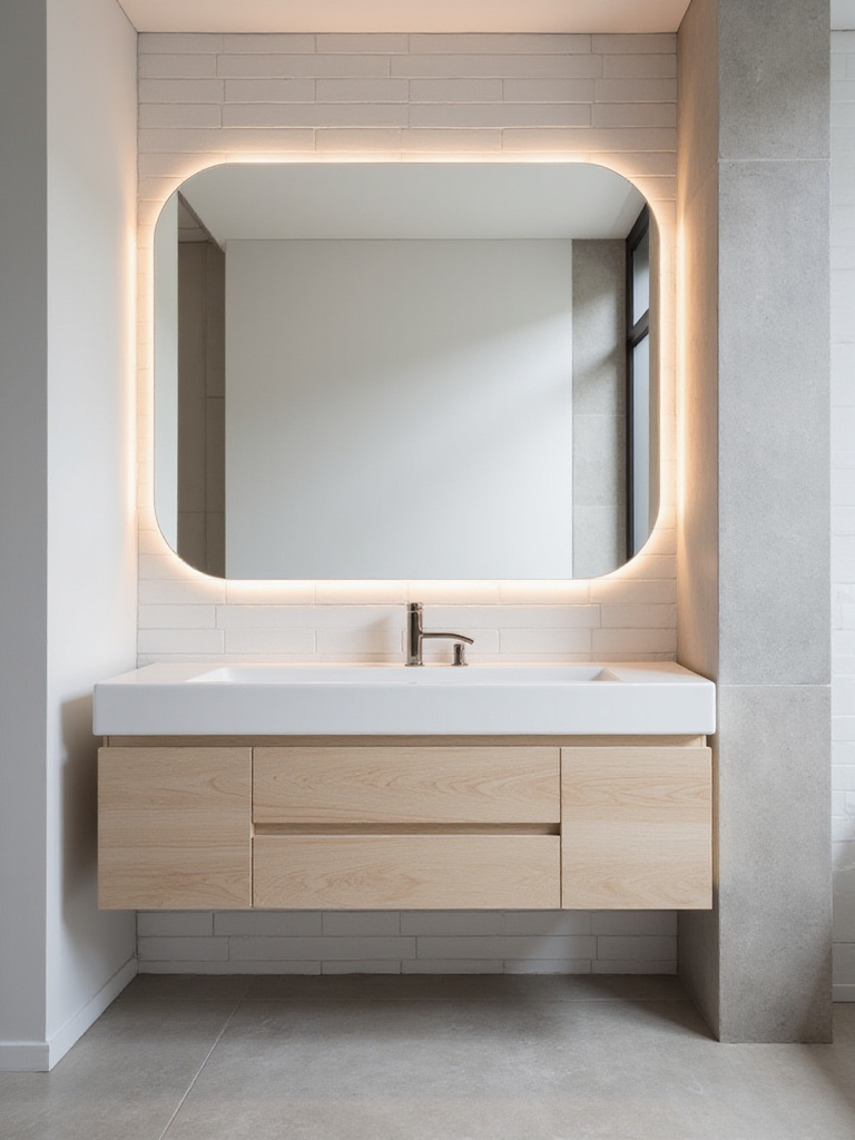 Modern bathroom with large, organically shaped mirror above floating vanity.