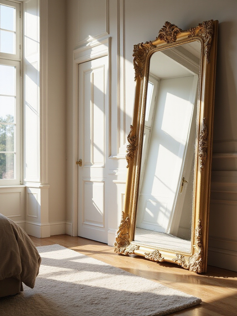Bedroom with oversized gold-framed mirror reflecting natural light and creating a spacious feel