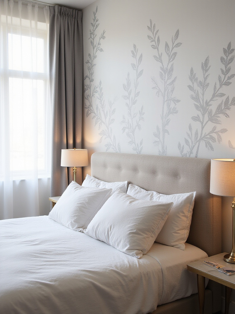 Bedroom wall with subtle floral stencil pattern
