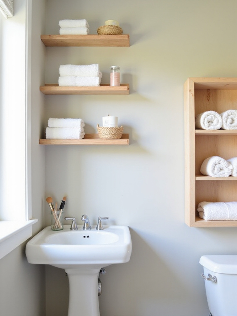 Bathroom storage solutions: floating shelves, repurposed jars, over-the-toilet storage.