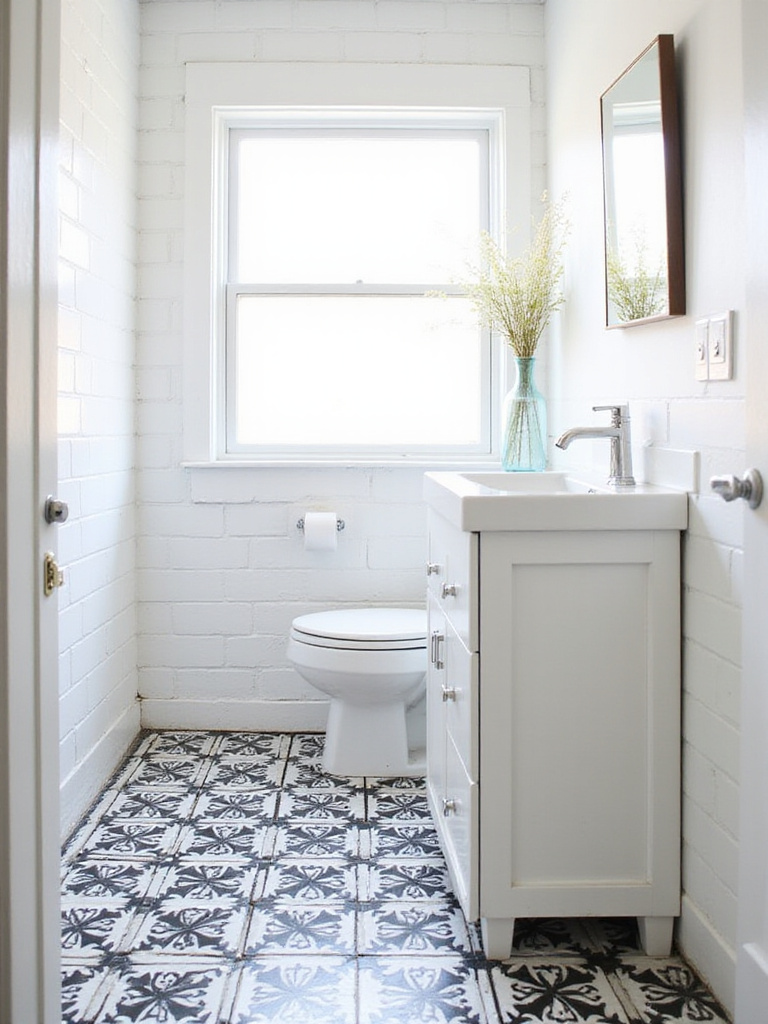 Small bathroom with a bold black and white geometric patterned tile floor and simple white walls and vanity.