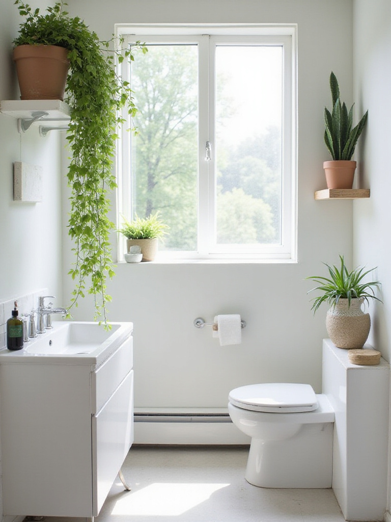 Small minimalist bathroom with plants on shelves and windowsill, showing how greenery adds life to compact spaces.