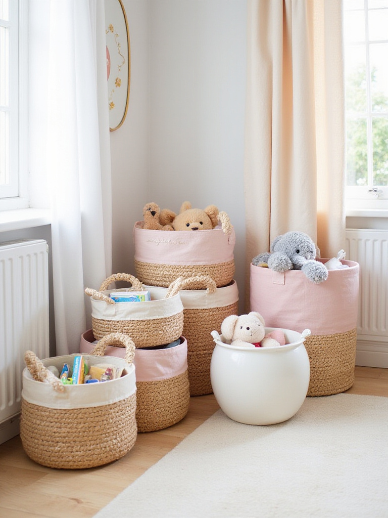 Stylish storage baskets in a girl's bedroom for organized toy and book storage.