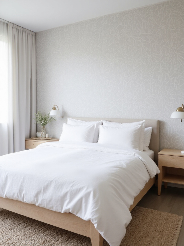 Modern bedroom with subtle gray zebra print wallpaper accent wall