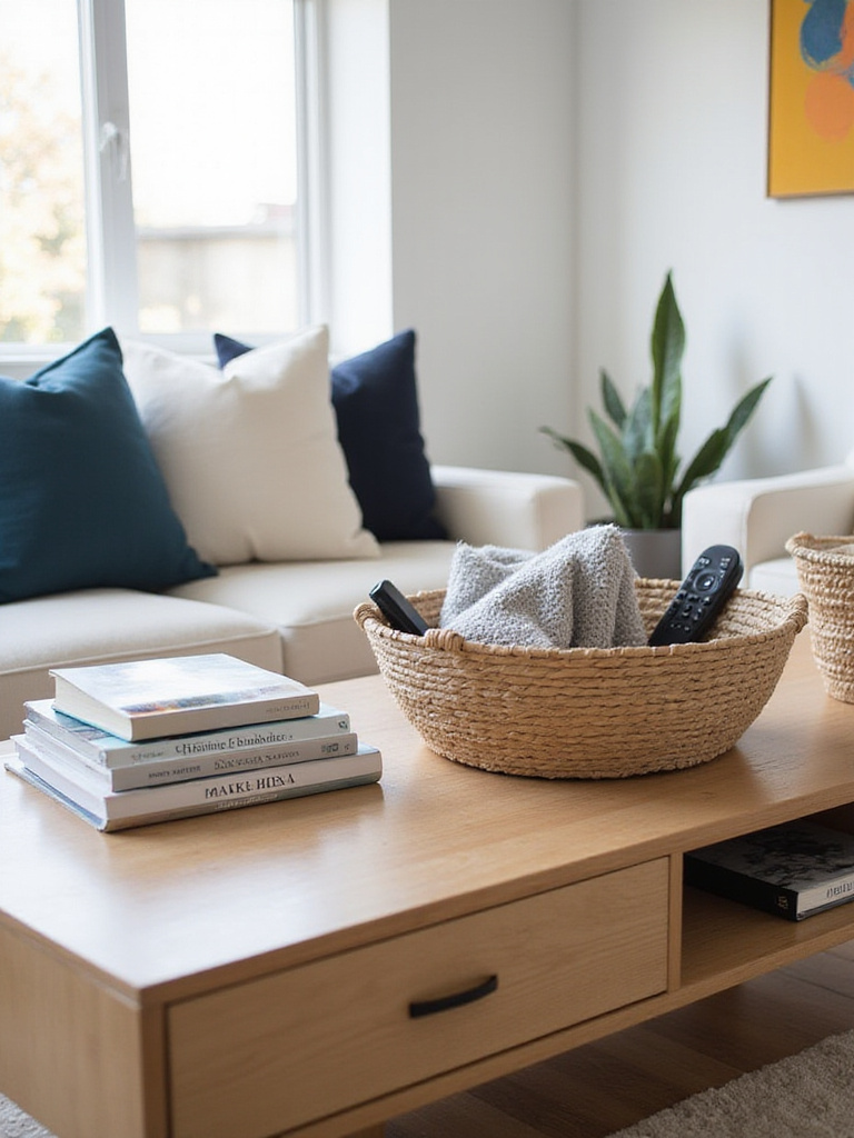 Coffee table with decorative boxes and a woven basket for stylish storage.