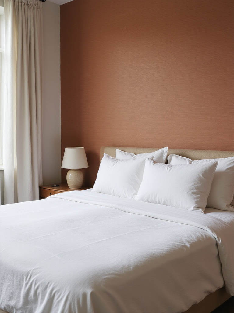 Modern bedroom with terracotta wallpaper accent wall