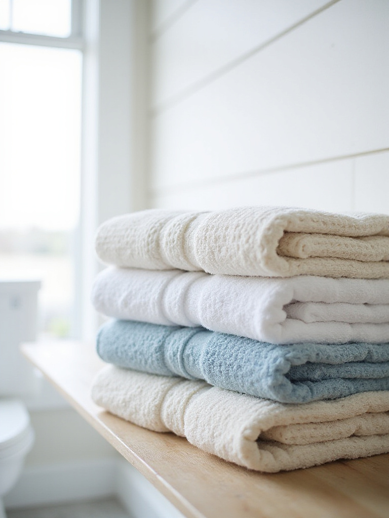 Stacked waffle weave towels in light colors on a wooden shelf in a beach bathroom