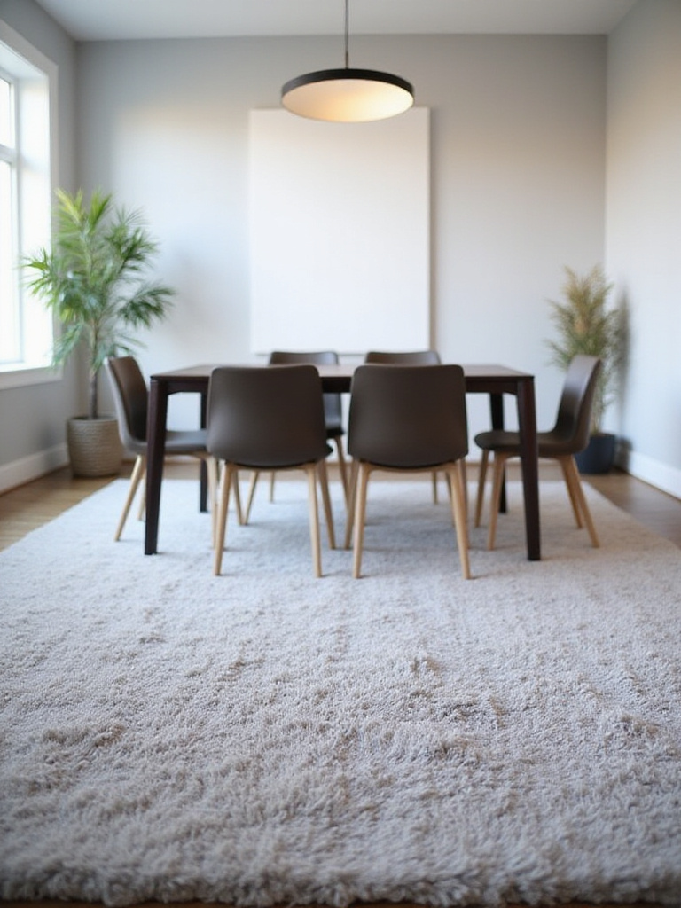 Modern dining room with a light gray textured shag rug under a dark wood dining table.