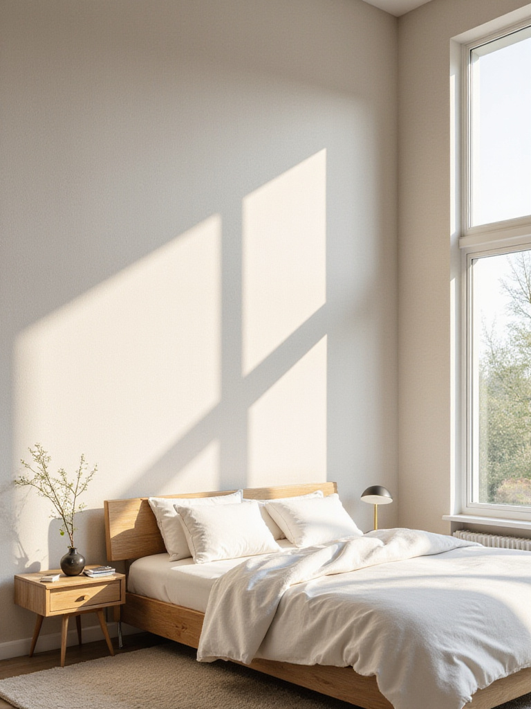Calming beige linen textured wallpaper in a modern bedroom