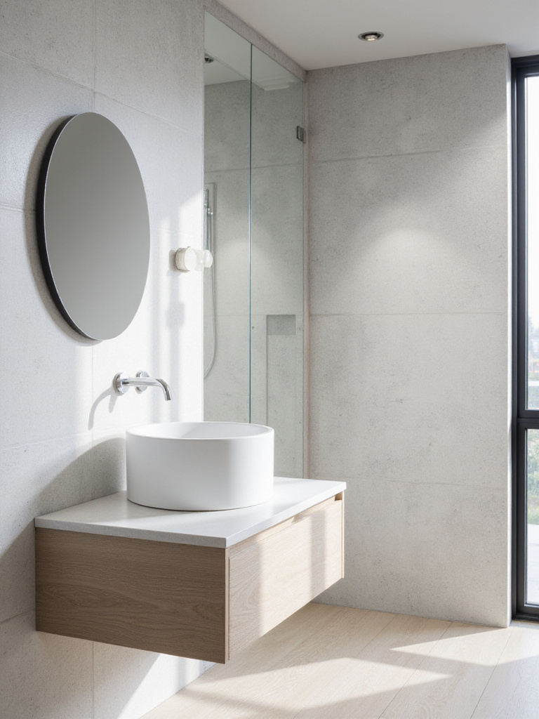 Modern bathroom with light gray microcement textured accent wall