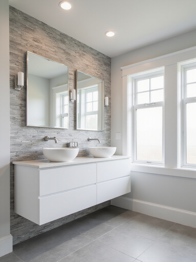 Modern bathroom featuring a stone veneer textured accent wall.