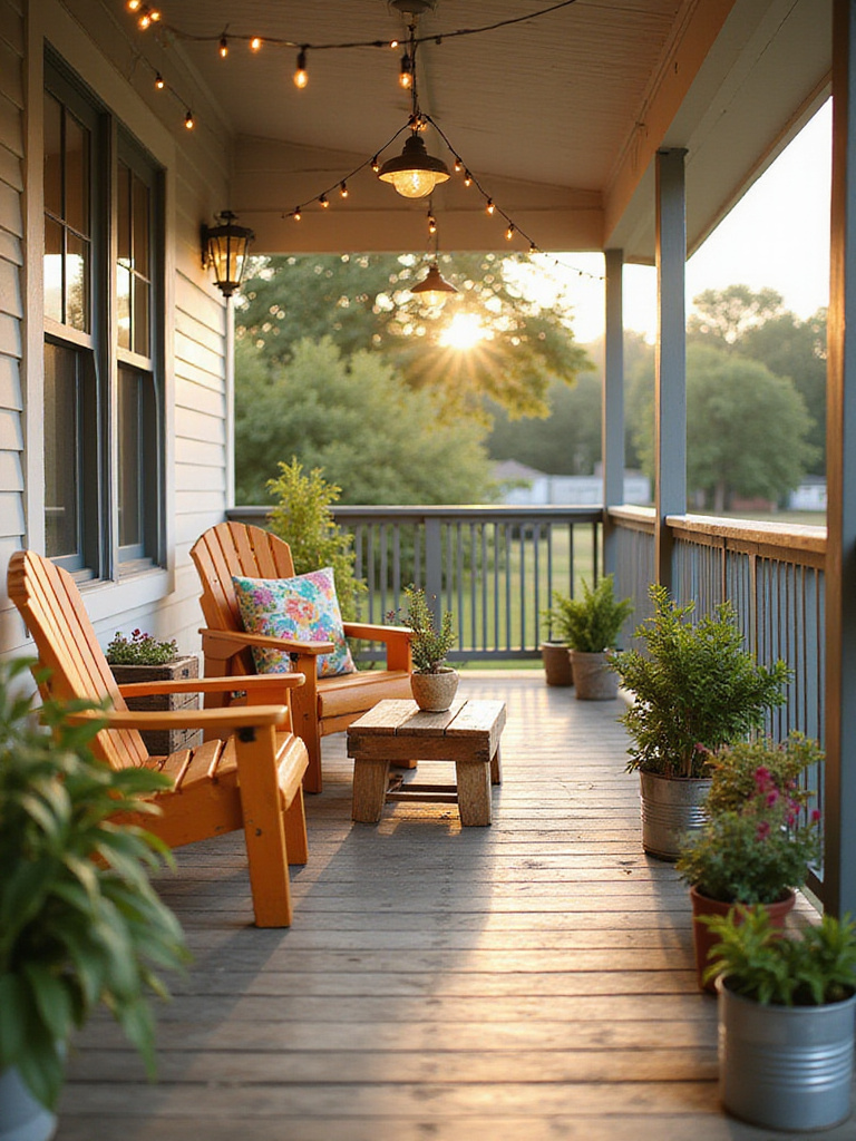 Budget-friendly porch furniture featuring recycled materials and colorful accents