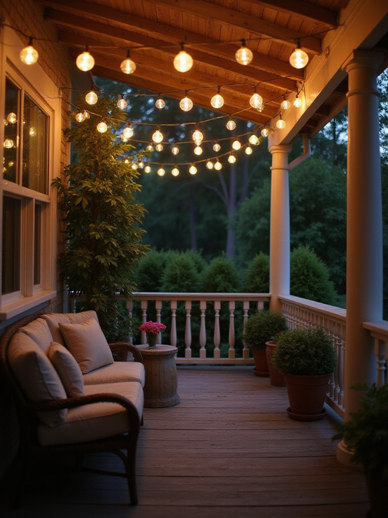 Porch with string lights creating a magical evening ambiance.