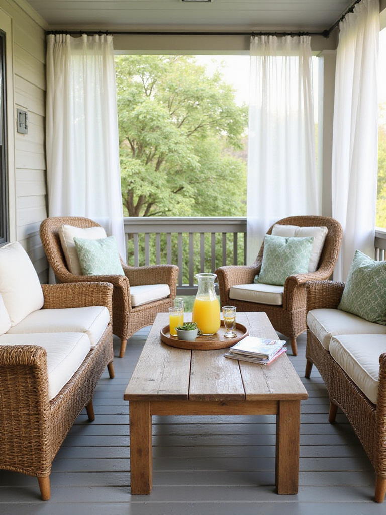 Cozy porch scene featuring a teak coffee table with lemonade and magazines.