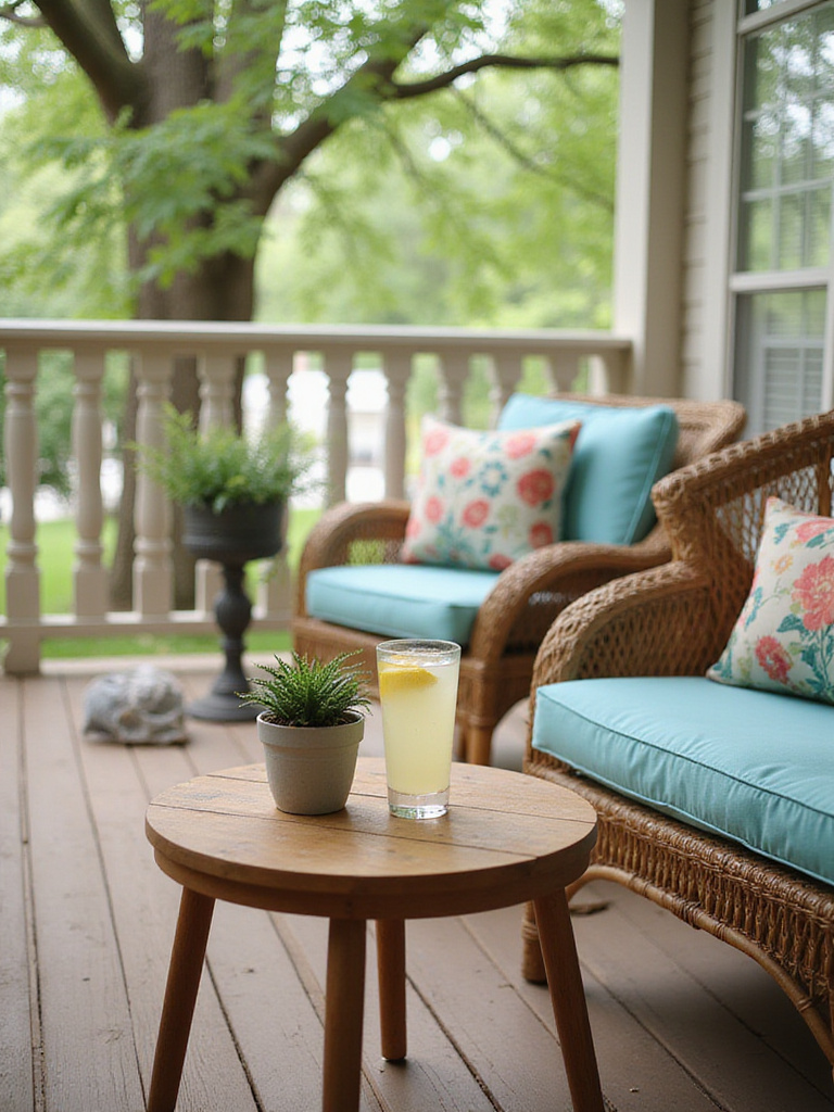 Teak side table on a porch holding a drink and a plant.